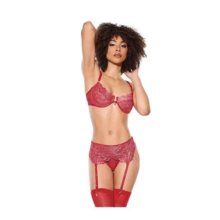 Metallic Stretch Lace Underwire Bra W/Crotchless Garter Panty – Red Lg