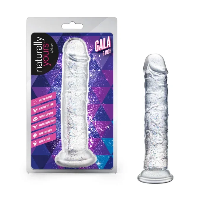 Naturally Yours | Gala 6 Inch Realistic Glitter Dildo – G-Spot & Anal Play – Suction Base & Harness Compatible – In Clear