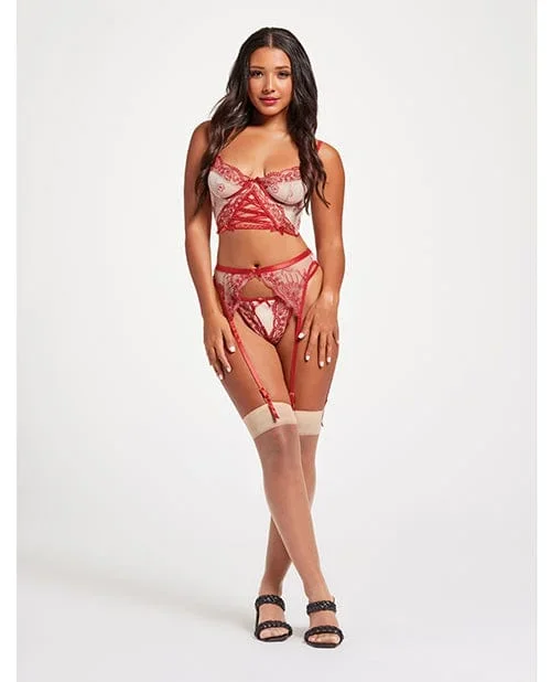Sheer Stretch Mesh with floral Contrast Embroidery Bustier, Garter Belt & Thong Red/nude